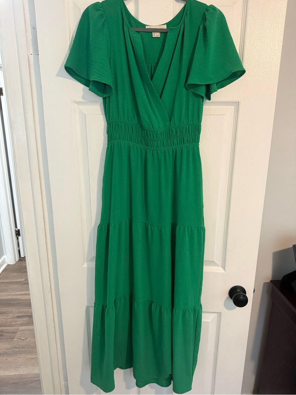 Monteau Emerald Green V-Neck Flutter Sleeve Tiered Maxi Dress